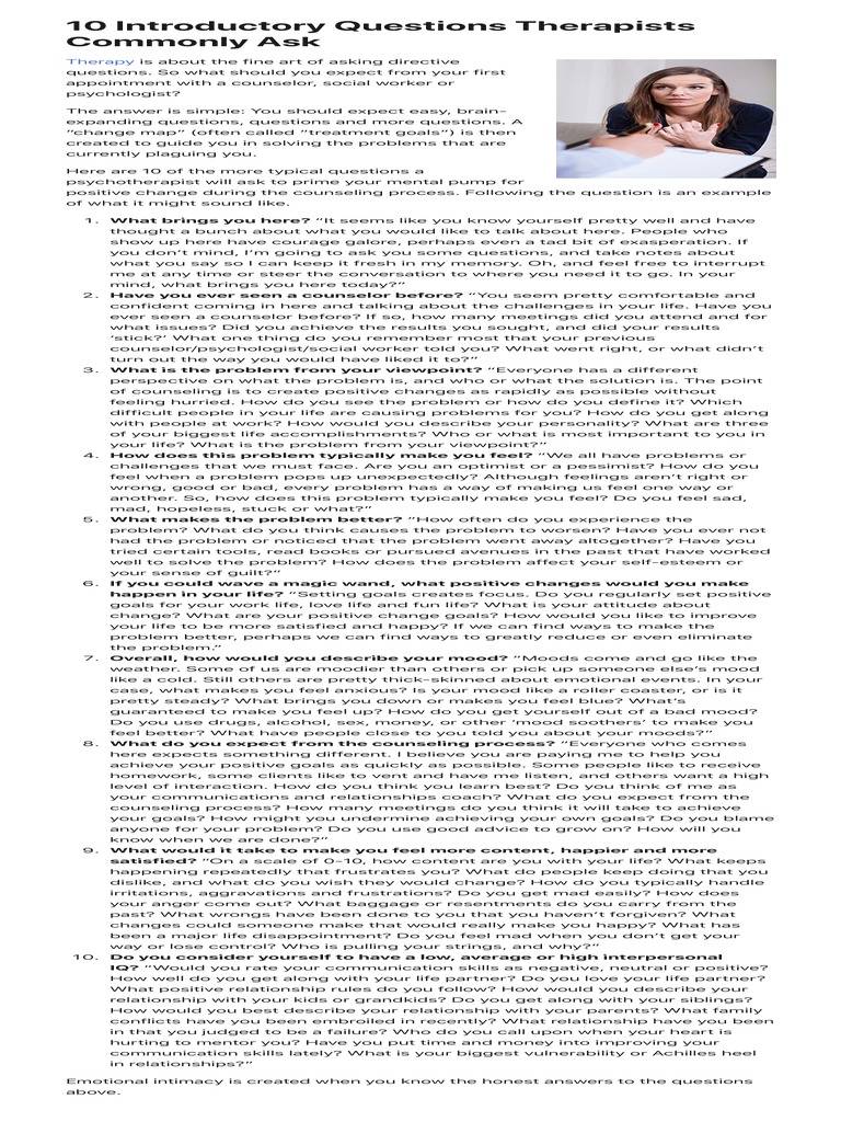 Key Questions for First Therapy Sessions | PDF | Mood (Psychology ...