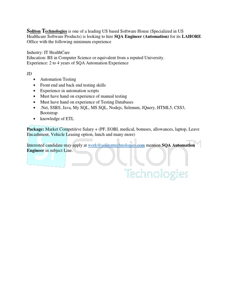 SQA Automation Engineer Job in Lahore | PDF