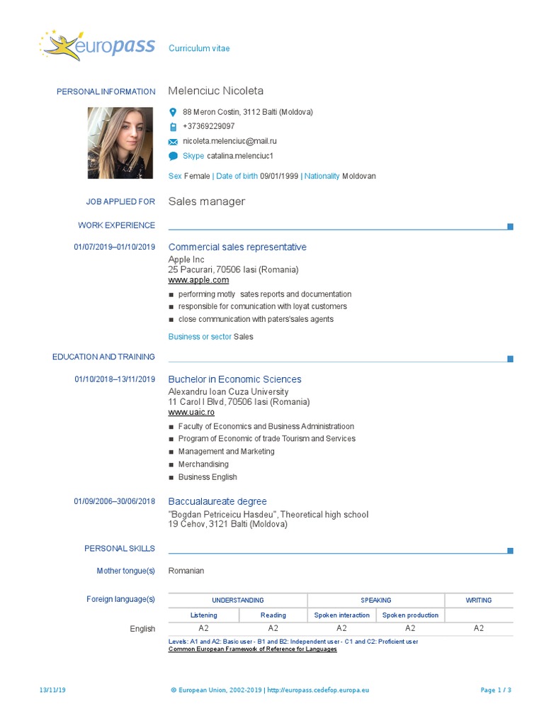 CV Europass 20191113 Nicoleta EN PDF | PDF | Moldova | Cognition