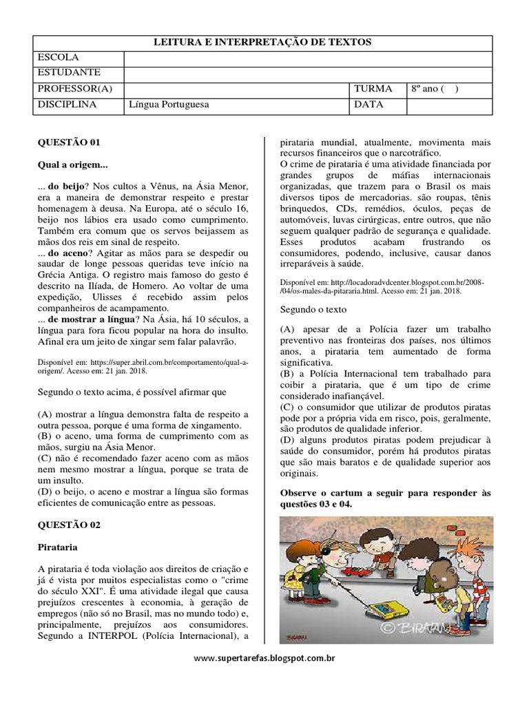 Interpretação de Textos - 8º Ano | PDF | Beijo | Pirataria