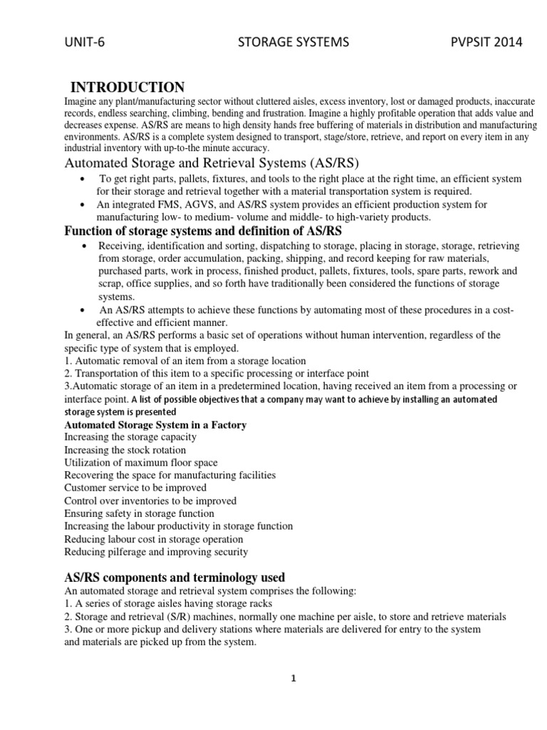 UNIT6 Storage Systems PVPSIT 2014 Function of Storage Systems and
