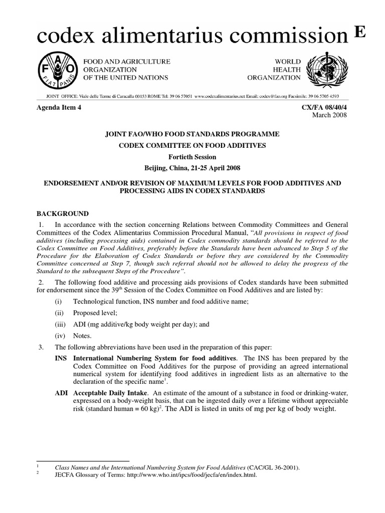 Endorsement of Revised Maximum Levels for Food Additives in Codex