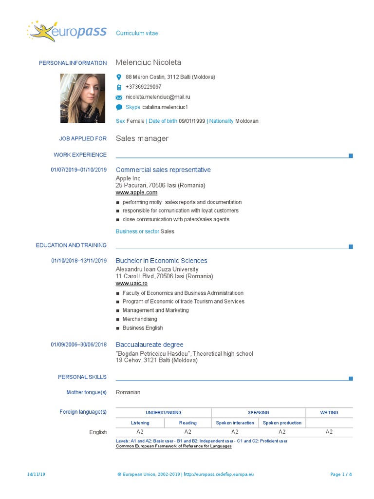 Cv Esp Europass Nicoleta En Communication Learning