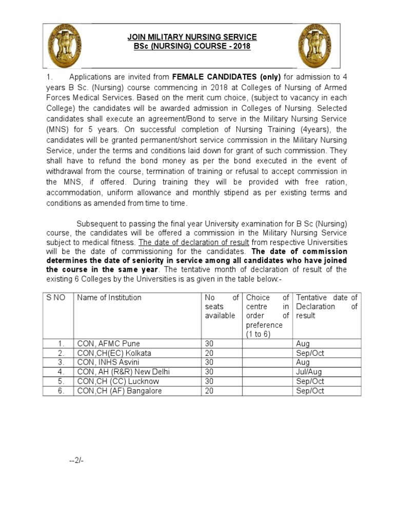Join Military Nursing Service BSC (Nursing) Course - 2018 | PDF ...