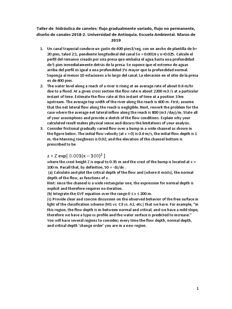 Taller Flujo Gradualmente Variado | PDF | Slope | Bodies Of Water