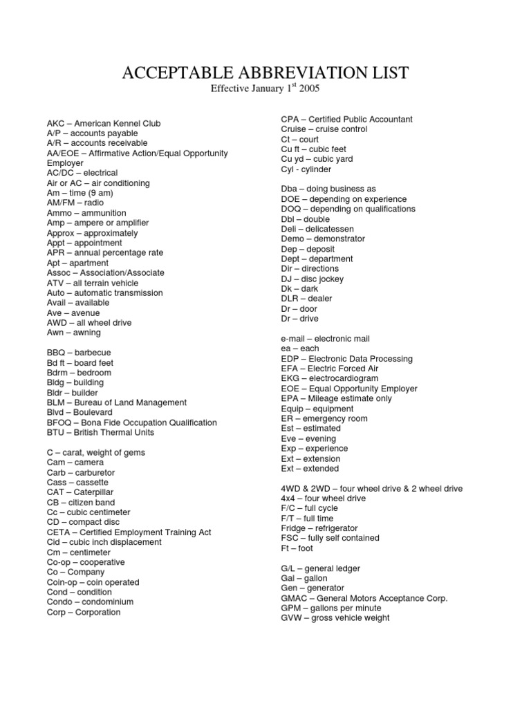 Acceptable Abbreviation List Effective January 1 2005