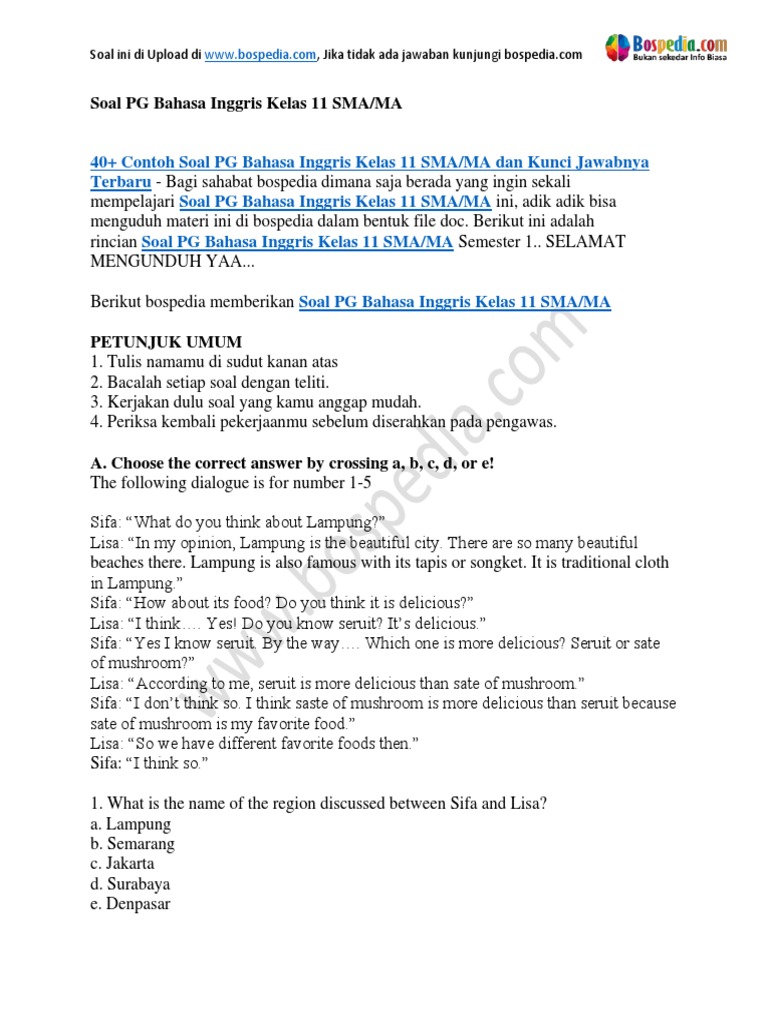 40 Contoh Soal Pg Bahasa Inggris Kelas 11 Sma Ma Dan Kunci Jawabnya