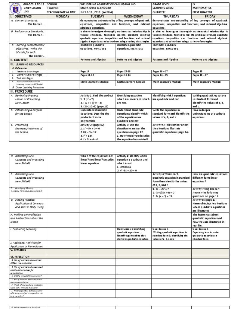 Weekly Lesson Plan for Teaching Quadratic Equations in Grade 9 ...
