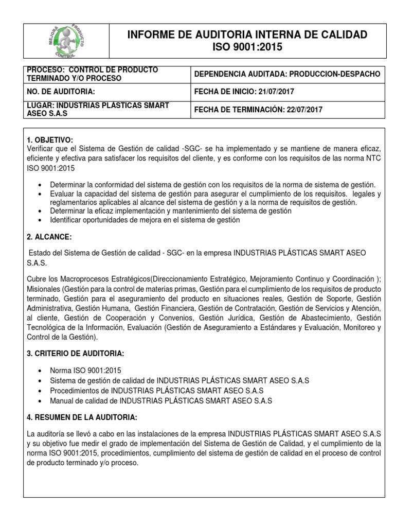 Informe de Auditoría Interna ISO 9001:2015 | PDF | Sistema de manejo de ...