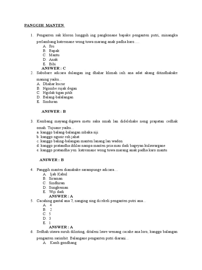Kumpulan Soal Upacara Adat Bahasa Jawa beserta Jawabannya