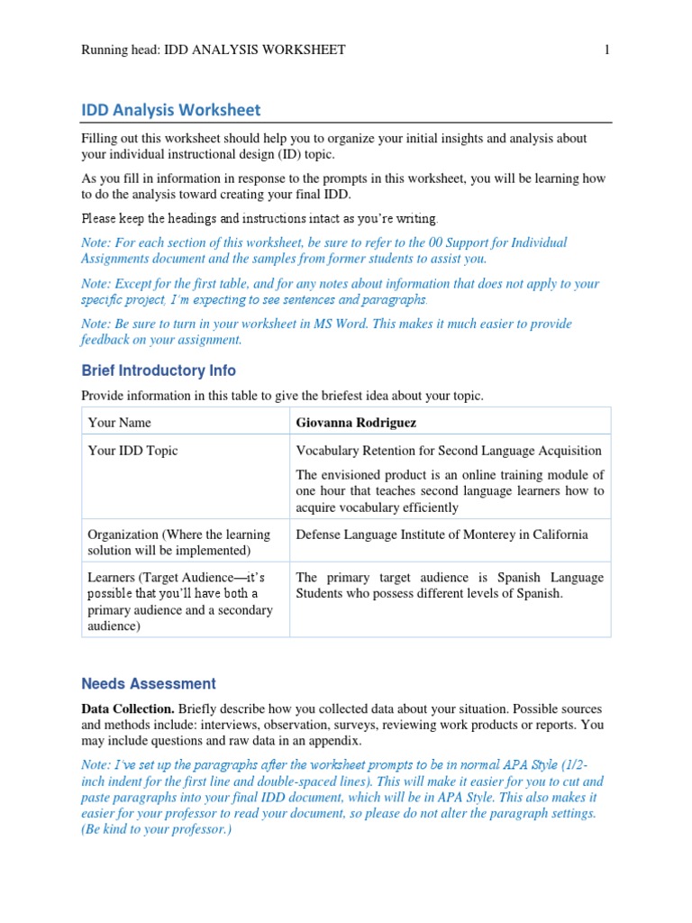 IDD Analysis Worksheet: Brief Introductory Info | PDF | Second Language ...