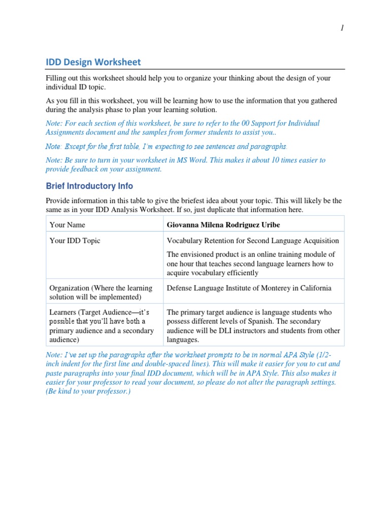 IDD Design Worksheet for Language Training | PDF | Metacognition | Test ...