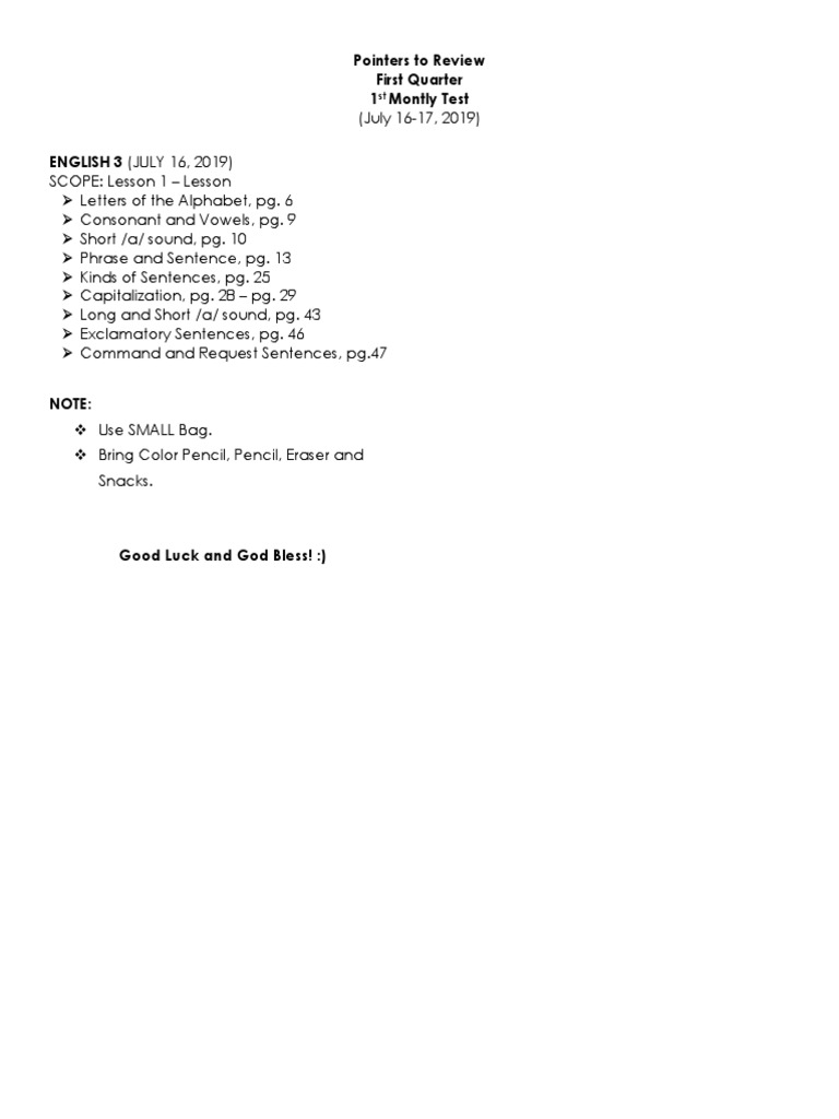 Pointers To Review First Quarter 1 Montly Test | PDF