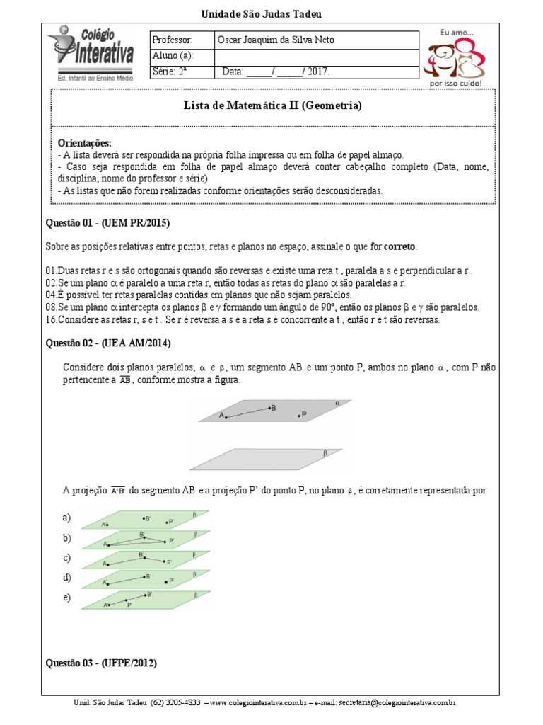 Lista De Matematica Ii 2 ª Serie Perpendicular Plano Geometria