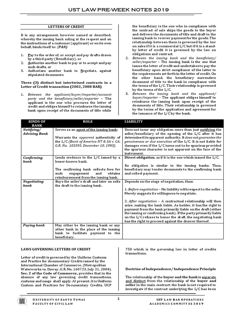 Ust Law Pre-Week Notes 2019: Kinds of Bank Role Liability | PDF ...