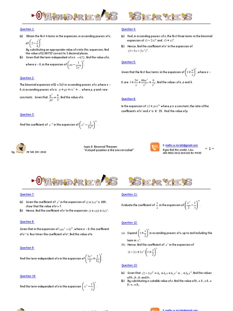 Binomial Theorem Practice Questions | PDF | Teaching Mathematics ...