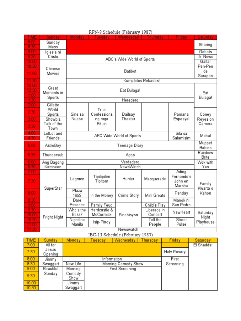 RPN-9 and IBC-13 Schedule (1987-1988) | Television | Leisure