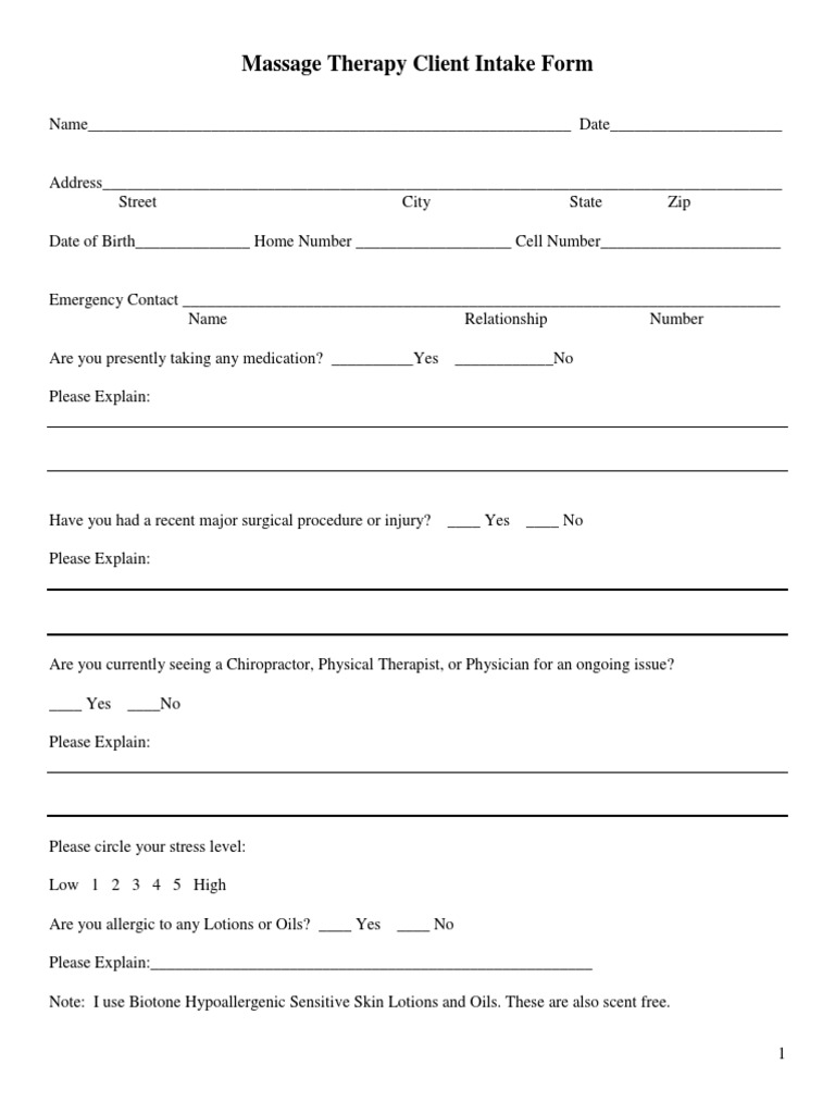Massage Therapy Client Intake Form | PDF | Massage | Psychotherapy