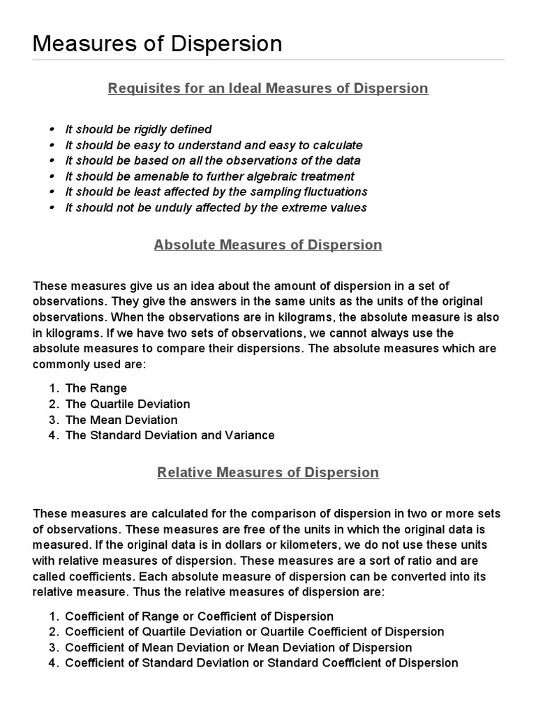 Ch 3 Measures Of Dispersion Pdf Coefficient Of Variation Standard Deviation
