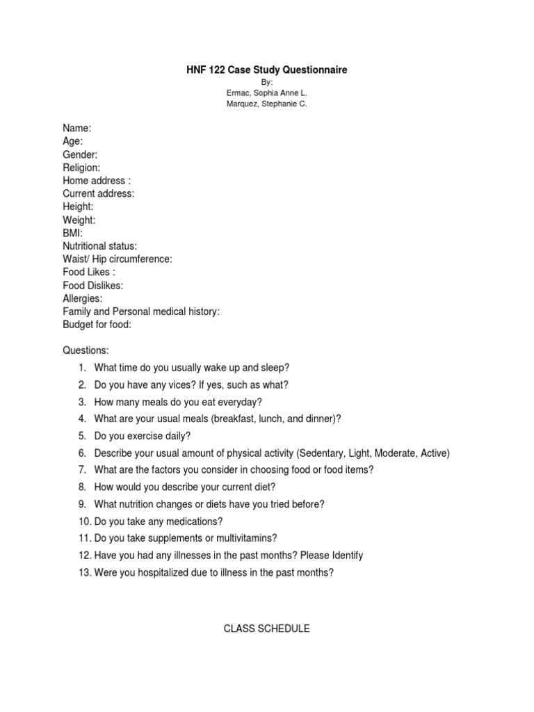HNF 122 Case Study Questionnaire | PDF