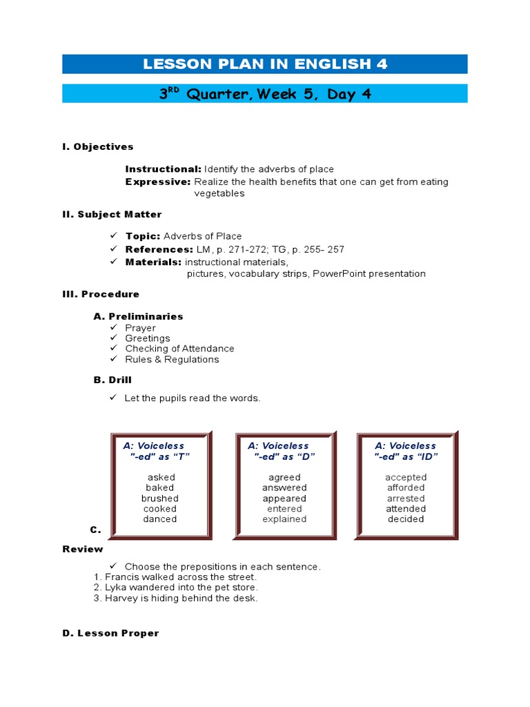 English 4 Lesson Plan: Adverbs of Place | PDF | Behavior Modification ...