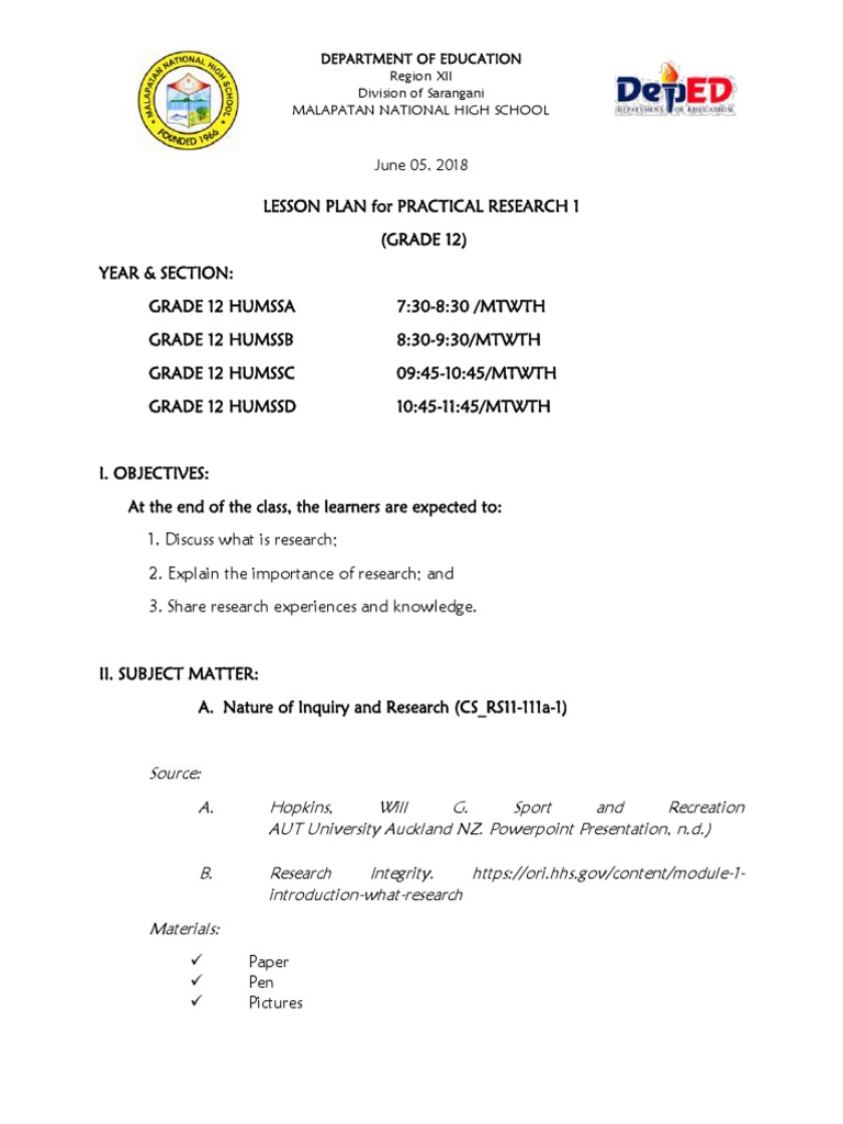 Practical Research 1 Lesson Plan | PDF | Scientific Method | Lesson Plan