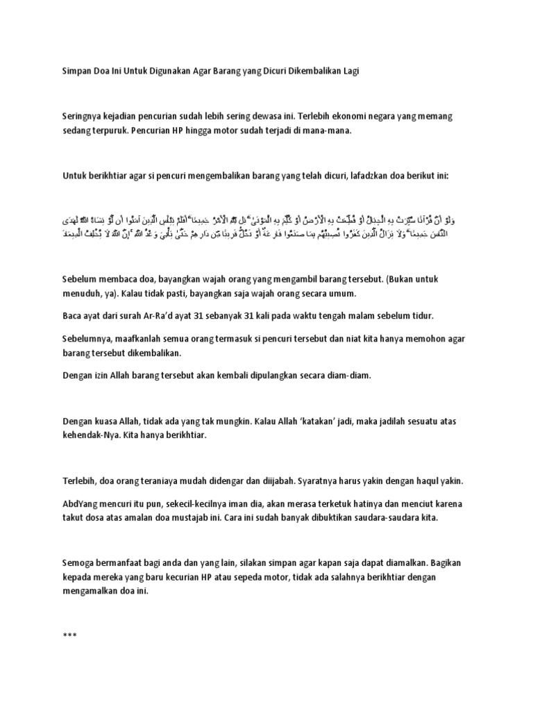 Simpan Doa Ini Untuk Digunakan Agar Barang Yang Dicuri Dikembalikan Lagi Pdf