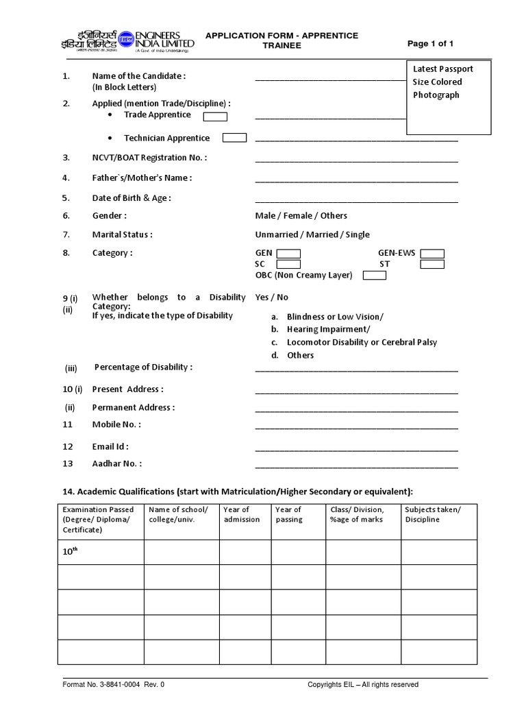 Page 1 of 1 Application Form - Apprentice Trainee | PDF ...