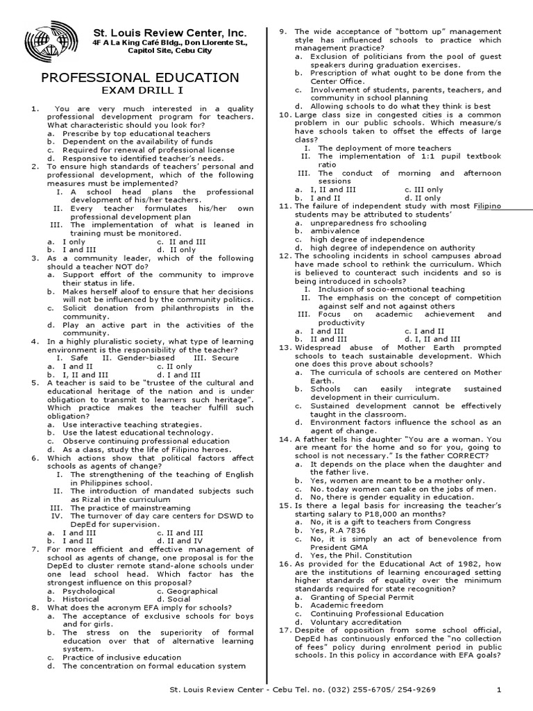 Professional Education Exam Drill | PDF | Id | Teachers