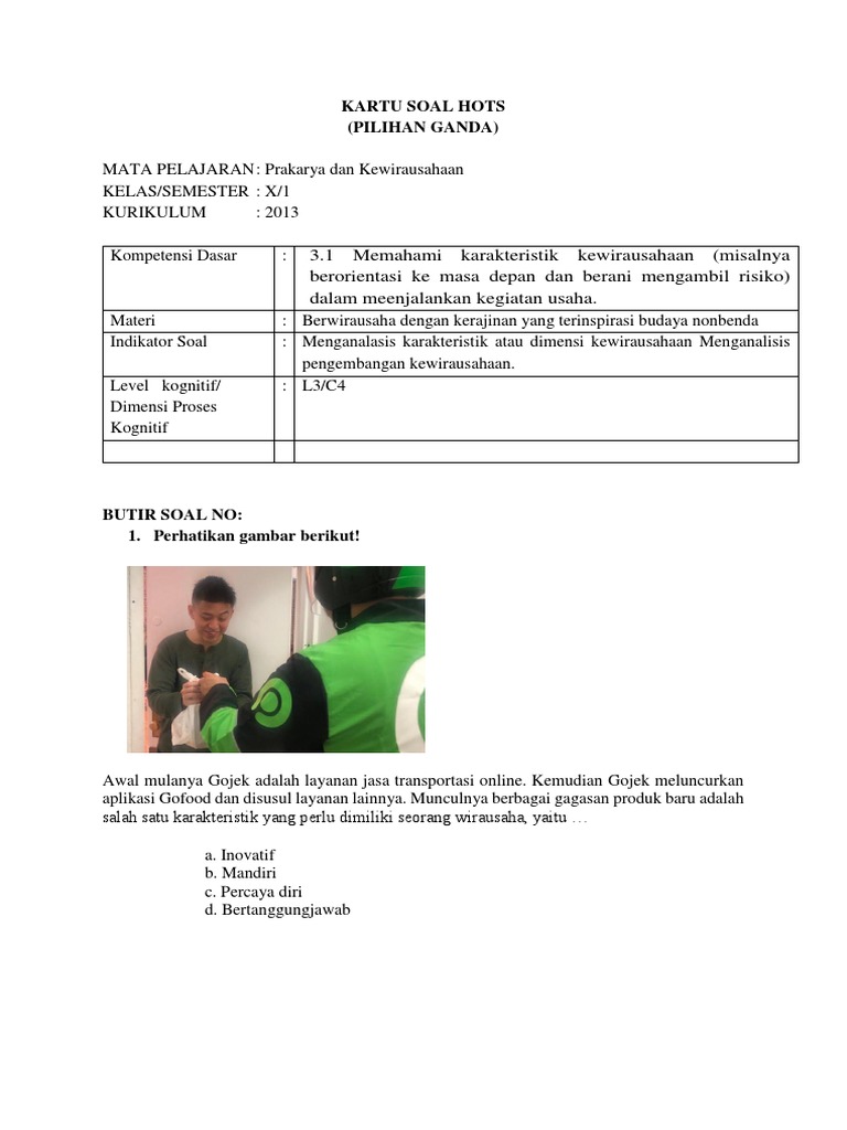 Kartu Soal Hots Prakarya