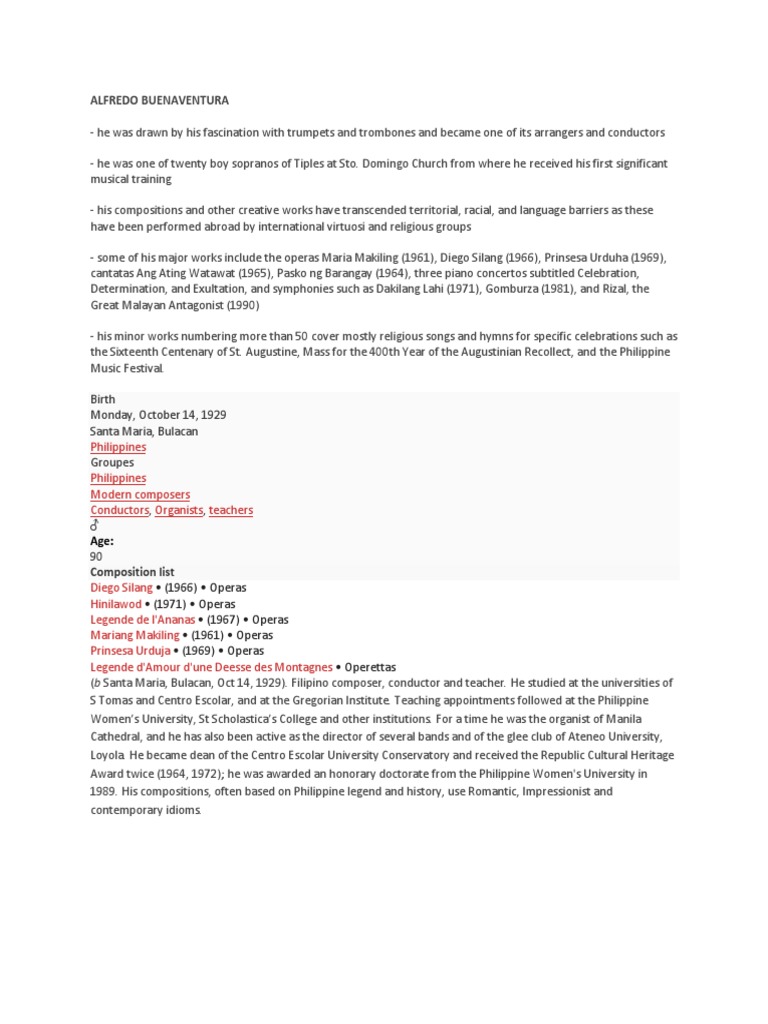 Alfredo Buenaventura Birth Monday, October 14, 1929 Santa Maria, Bulacan Groupes PDF