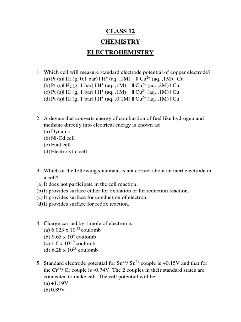 Class 12 Electrochemistry Questions PDF Electrochemistry Redox