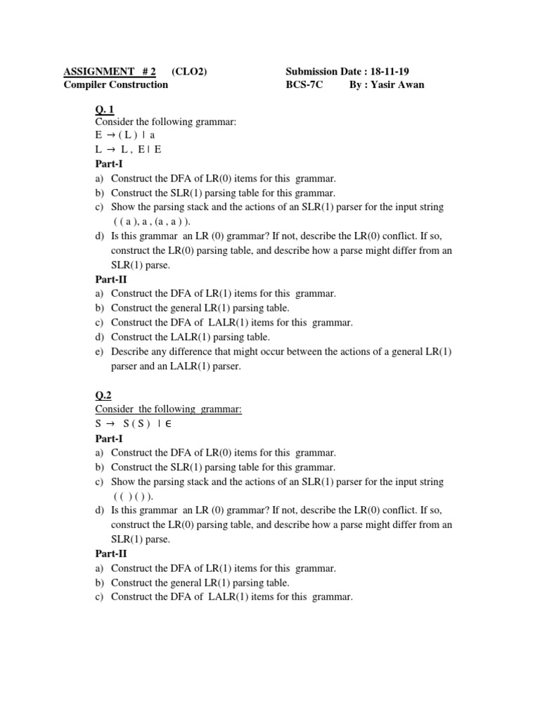 Assignment # 2 (Clo2) Submission Date: 18-11-19 Compiler Construction ...