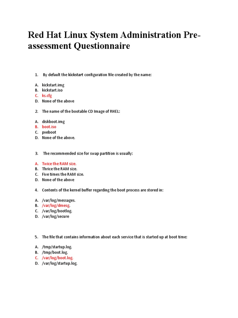 Red Hat Linux System Administration Pre-Assessment Questionnaire | PDF ...
