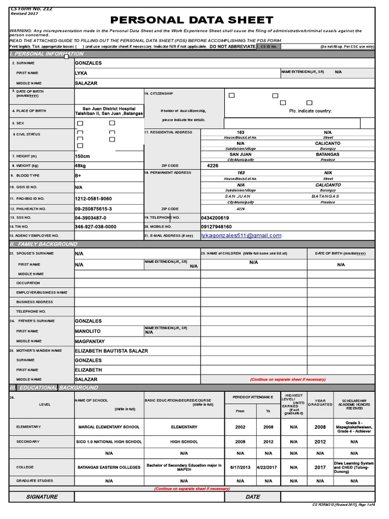 CSC Form 212 (Revised 2017) Personal Data Sheet | PDF | Crime ...
