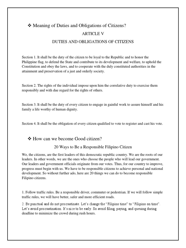 Article V Duties and Obligations of Citizens PDF Taxes Citizenship