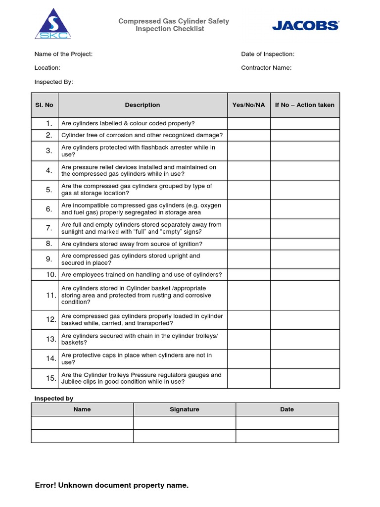 Compressed Gas Cylinder Safety Inspection Checklist Sl. No Description