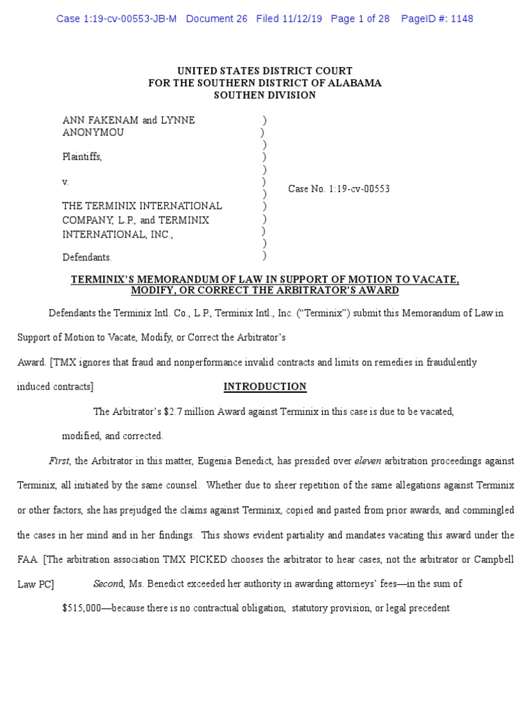 Terminix Brief To Vacate Award Annot | PDF | Attorney's Fee | Damages