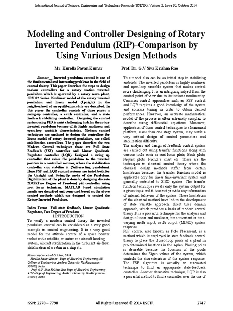 Modeling and Controller Designing of Rotary Inverted Pendulum (RIP ...