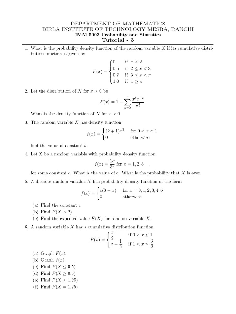 Tutorial 3 Pdf Probability Density Function Random Variable