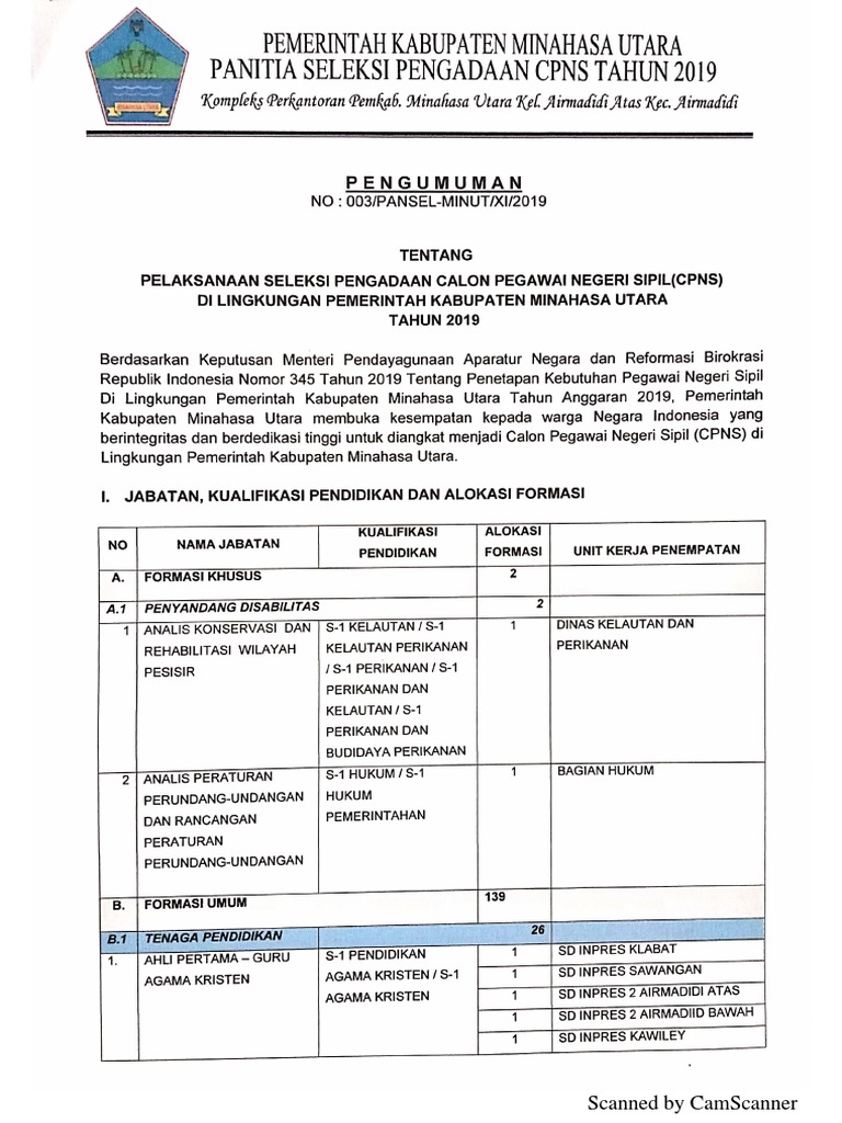 Pengumuman Formasi Cpns Minut Full PDF