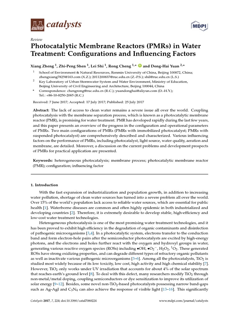 Catalysts: Photocatalytic Membrane Reactors (PMRS) in Water Treatment ...