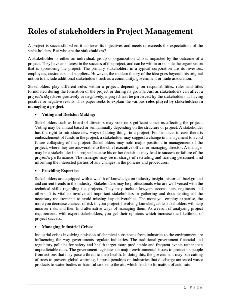 Stakeholder Roles in Project Management | PDF | Stakeholder (Corporate ...