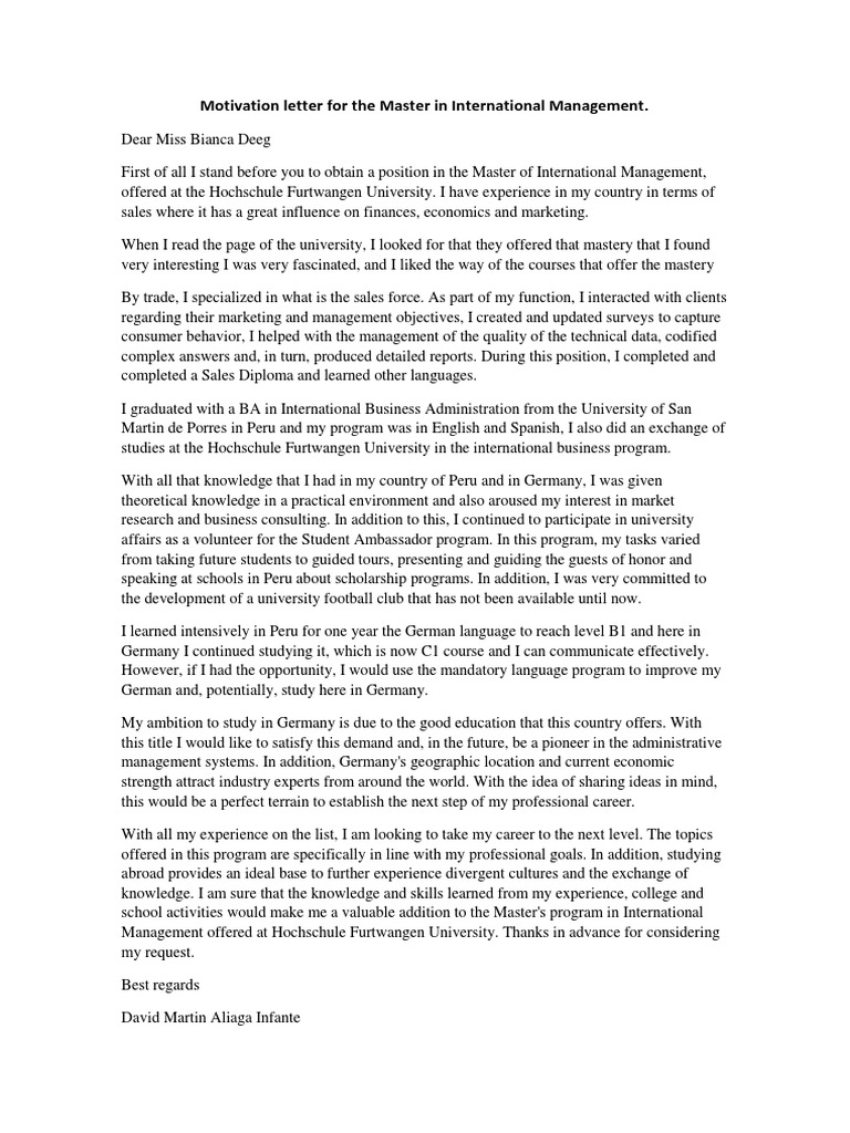 Motivation Letter For Master in International Management PDF