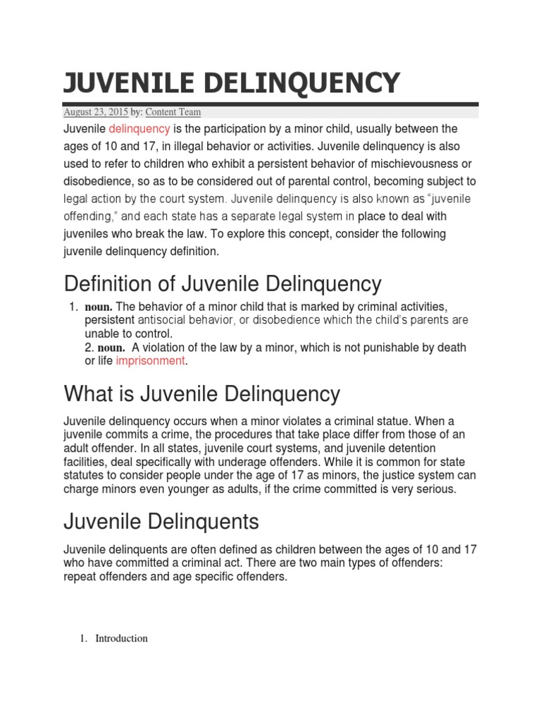 Definition of Juvenile Delinquency PDF Juvenile Delinquency