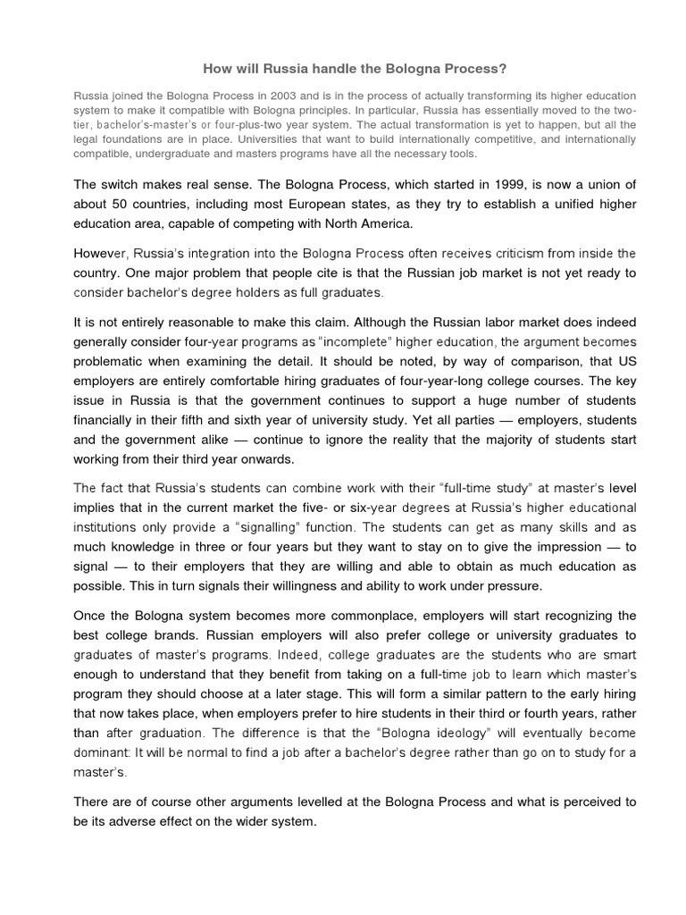 How Will Russia Handle The Bologna Process? PDF Master's Degree