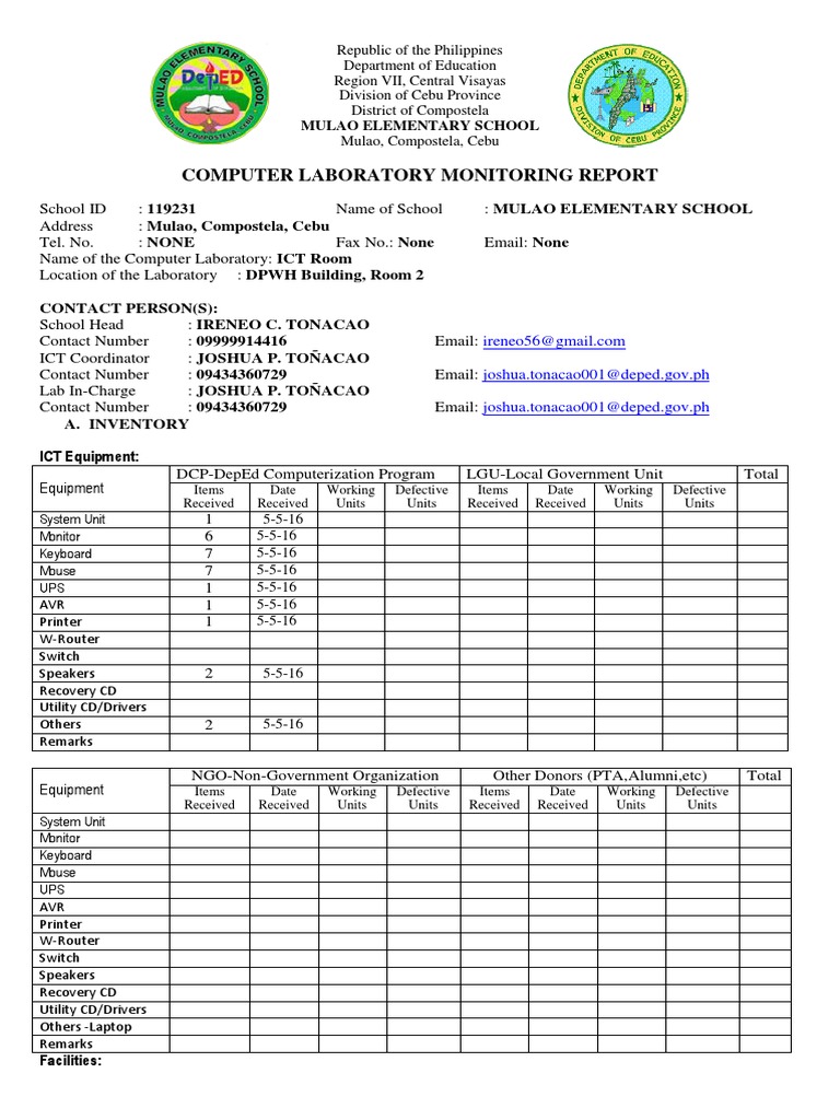 D.ict 1 Computer Laboratory Monitoring Report | PDF | Manufactured ...
