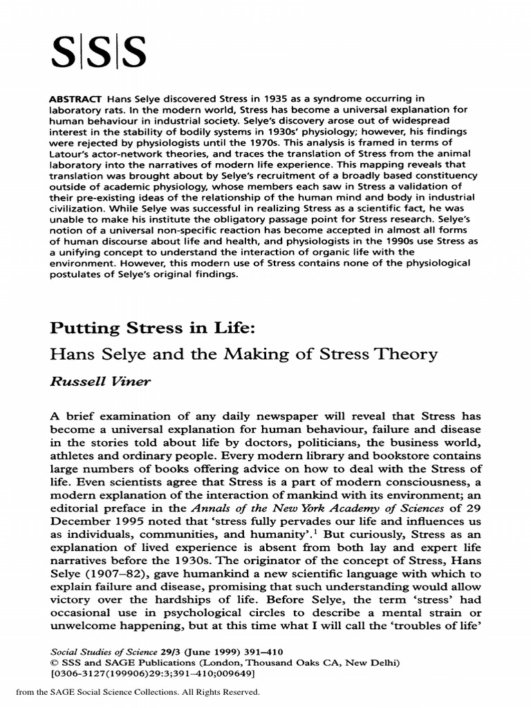 Putting Stress in Life Hans Selye and The Making of Stress Theory | PDF