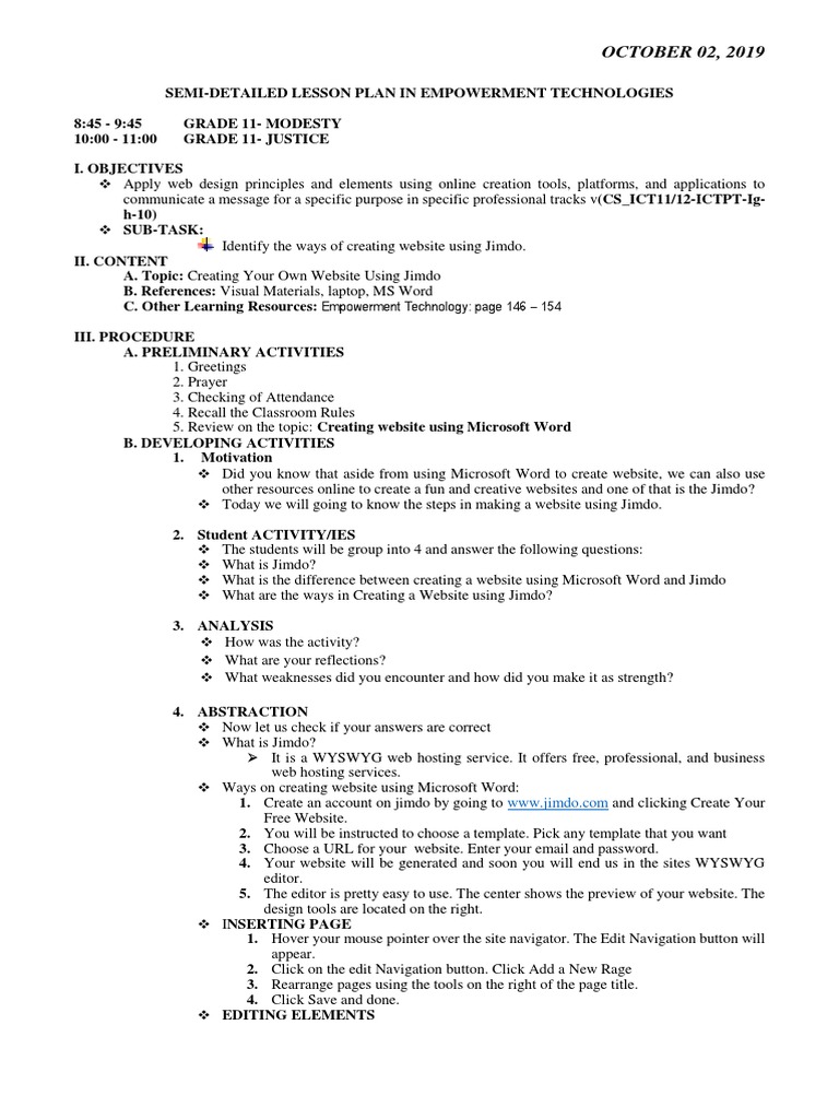 Creating Websites with Jimdo | PDF | Websites | Lesson Plan