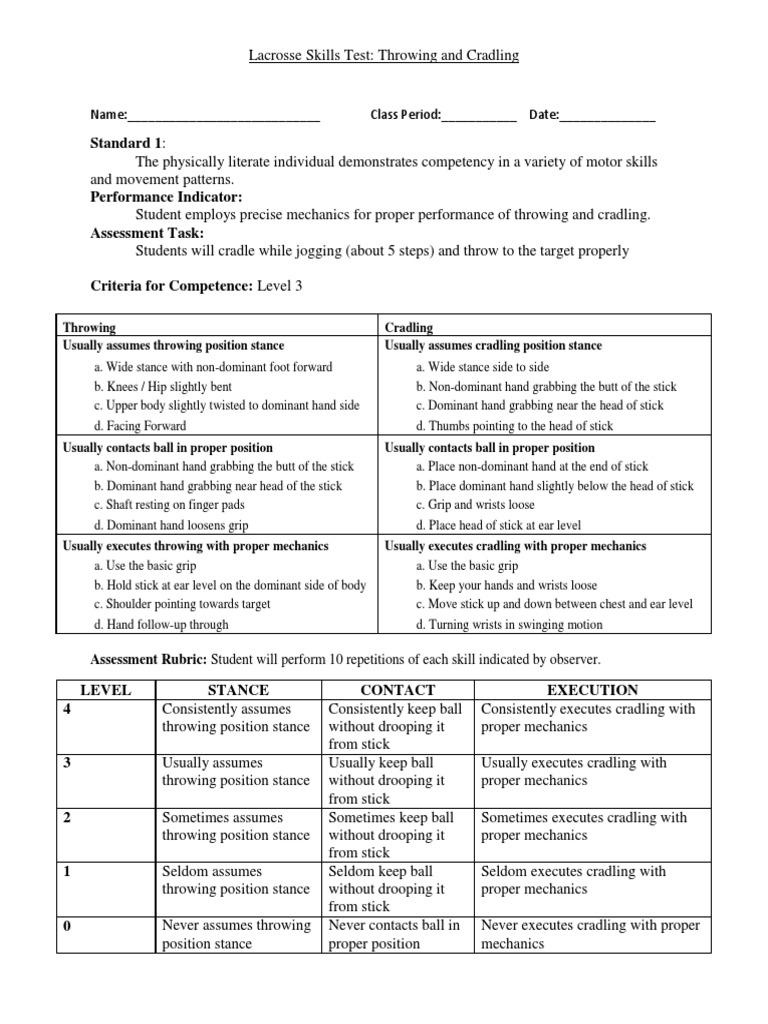 Lacrosse Skills Test 1 PDF Hand Sports
